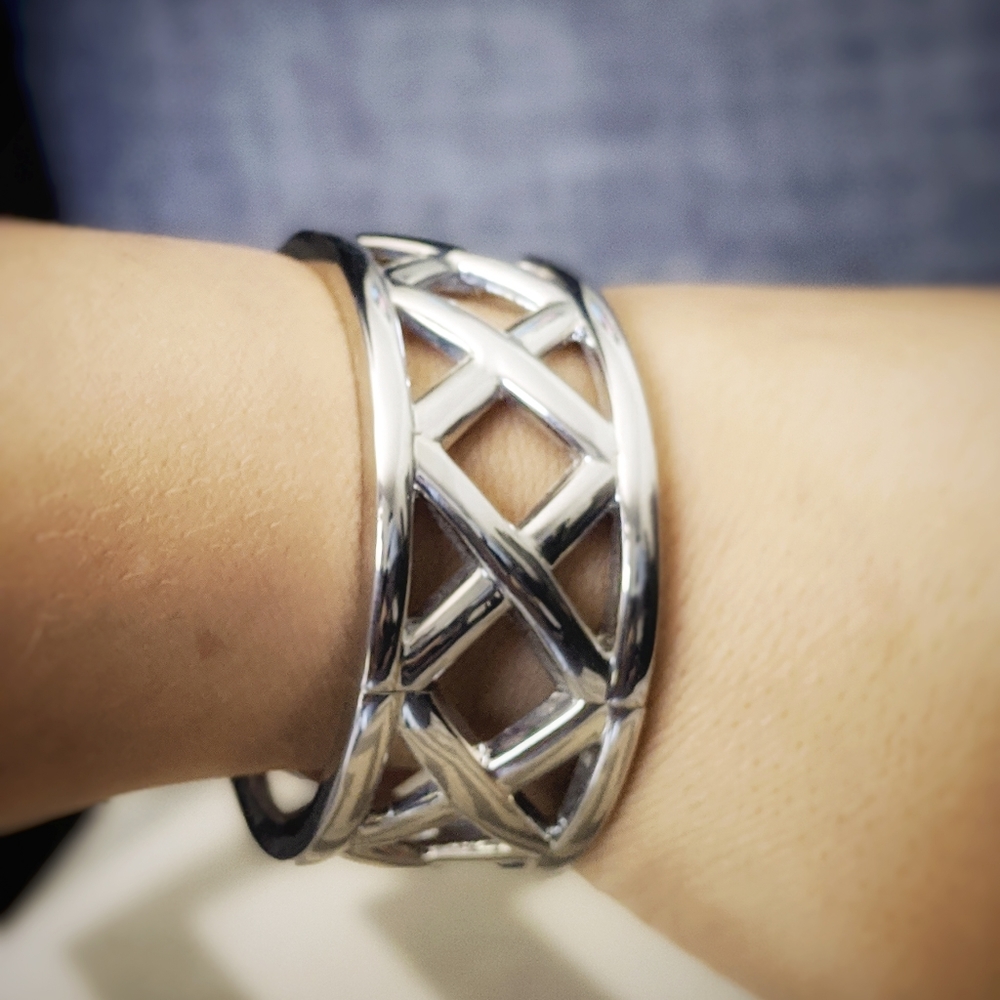 Silver Statement Bangle Bracelet X Design - image 3